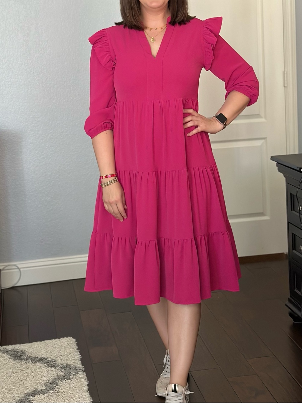 Women’s Fuchsia Tiered V-Neck Ruffle Sleeve Dress